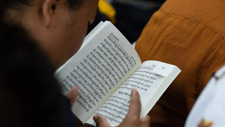 Junge Tibeterinnen und Tibeter verfolgen den Text der Unterweisung von Seiner Heiligkeit dem Dalai Lama in Dharamsala, HP, Indien am 6. Juni 2018. Foto: Tenzin Phuntsok